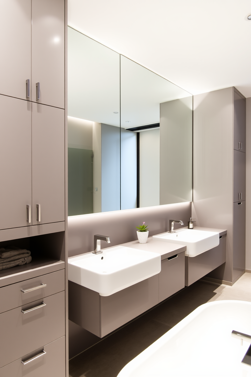 A modern bathroom design featuring double sinks for shared convenience. The space includes sleek cabinetry and a large mirror that enhances the room's brightness. The color palette consists of soft grays and whites, creating a serene atmosphere. Stylish fixtures and ample storage solutions complete the functional yet elegant design.