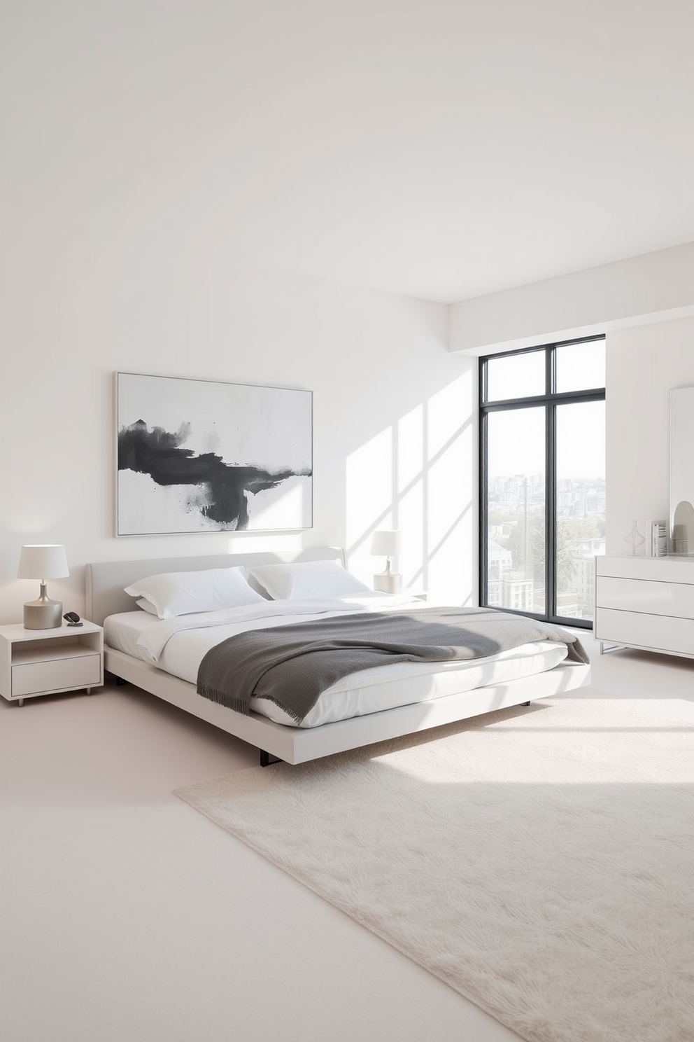 A modern bedroom featuring sleek minimalist furniture with clean lines. The bed has a low-profile frame and is dressed in crisp white linens, complemented by a simple geometric duvet cover. A pair of nightstands with a matte finish flanks the bed, each topped with a minimalist lamp. The walls are painted in a soft neutral tone, and a large abstract painting adds a touch of color above the headboard.