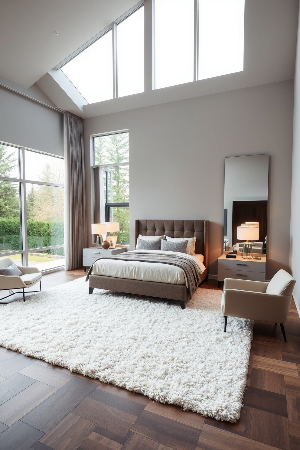 A modern bedroom design featuring a spacious layout with large windows allowing natural light to flood the room. The walls are painted in a soft gray tone, complemented by a plush white area rug that adds warmth to the space. A king-sized bed with a sleek upholstered headboard is centered against the wall, adorned with layered bedding in neutral shades. On either side of the bed, minimalist nightstands hold stylish lamps that provide a cozy ambiance for evening relaxation. In one corner, a comfortable reading nook is created with a contemporary armchair and a small side table. A large mirror hangs on the opposite wall, reflecting light and making the room feel even more expansive.