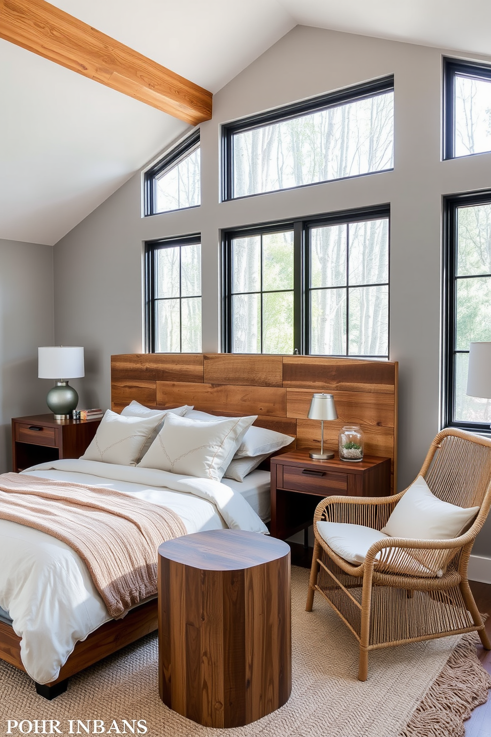 A modern bedroom featuring rustic wood elements that bring warmth and character to the space. The bed has a reclaimed wood headboard, complemented by soft linen bedding in neutral tones, while large windows allow natural light to fill the room. Accent pieces include a wooden nightstand with a sleek lamp and a cozy reading chair made of natural fibers. The walls are painted in a soft gray, creating a serene atmosphere that balances the rustic elements with contemporary design.