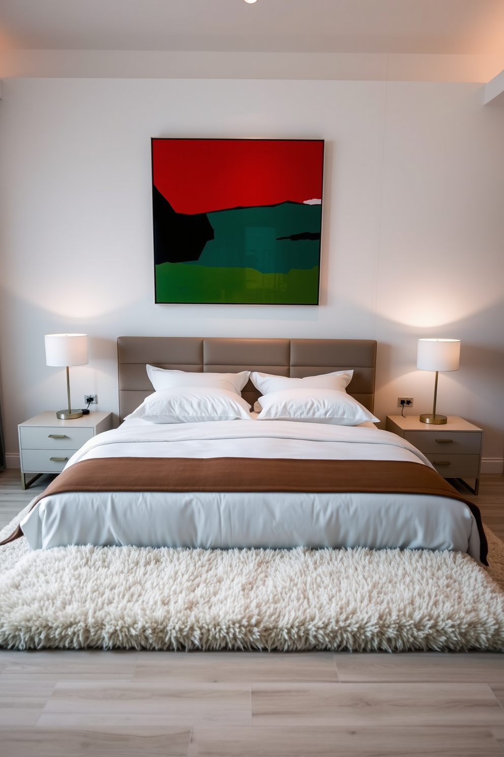 A modern bedroom featuring a large bed with a sleek headboard and crisp white linens. Bold artwork in vibrant colors hangs above the bed, drawing attention and adding a contemporary touch to the space. The room is accented with minimalist bedside tables and stylish lamps that provide warm ambient lighting. A plush area rug lies beneath the bed, complementing the neutral tones of the walls and flooring.