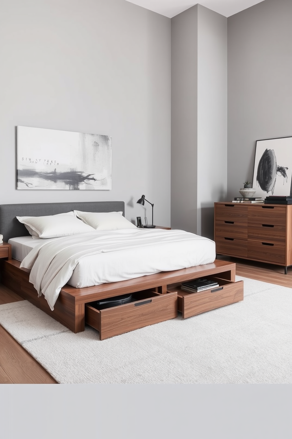 A modern bedroom featuring a sleek platform bed with built-in storage drawers underneath. The walls are painted in a soft gray, and a large abstract painting hangs above the headboard. Incorporate a minimalist nightstand with a small lamp and a few decorative items. A stylish dresser with clean lines is positioned against one wall, providing ample storage for clothing and accessories.