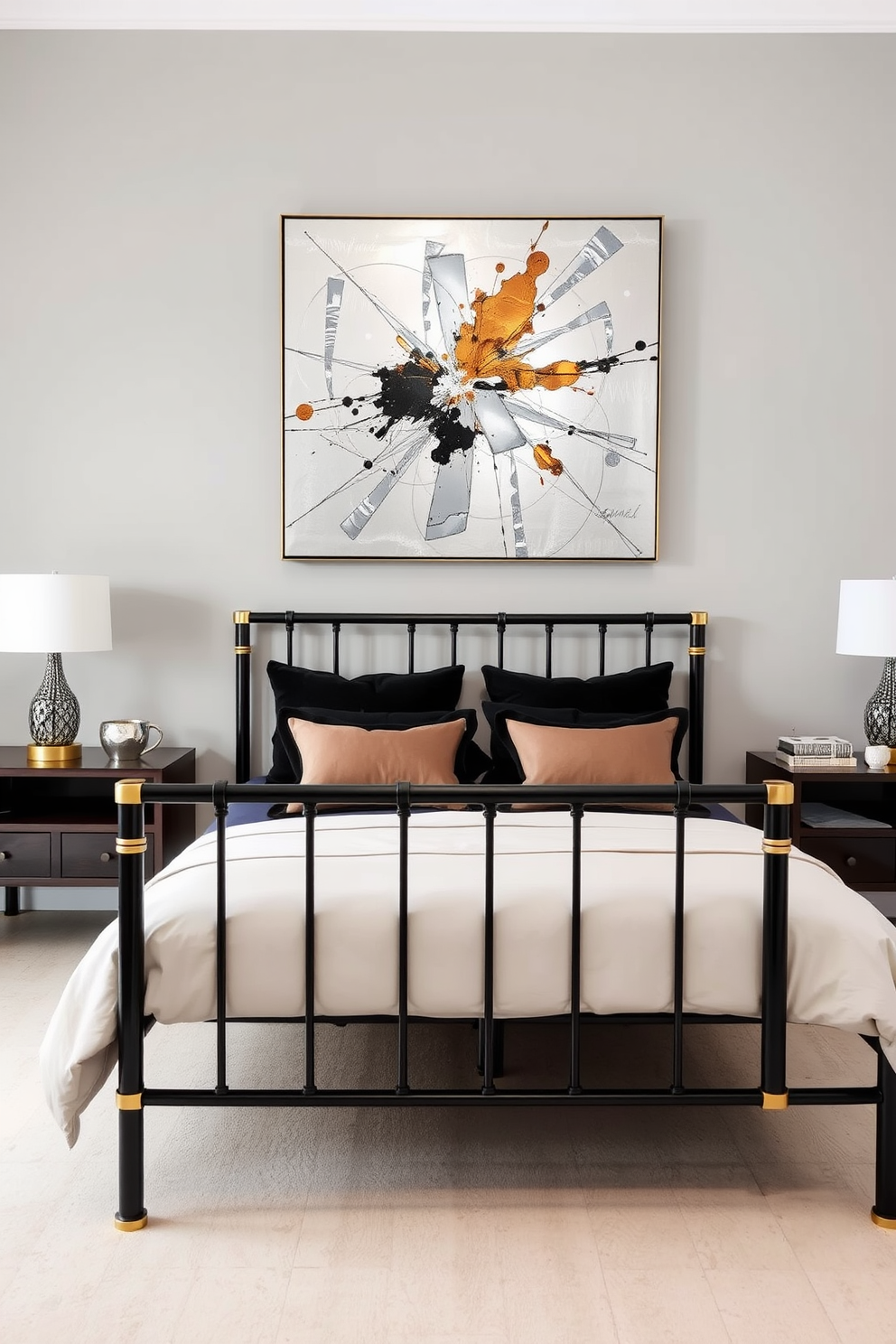 A contemporary bedroom featuring a blend of metal finishes. The bed frame is a sleek black metal with gold accents, complemented by matching bedside tables. The walls are painted in a soft gray tone, creating a calm atmosphere. A large abstract artwork hangs above the headboard, incorporating both silver and bronze elements.