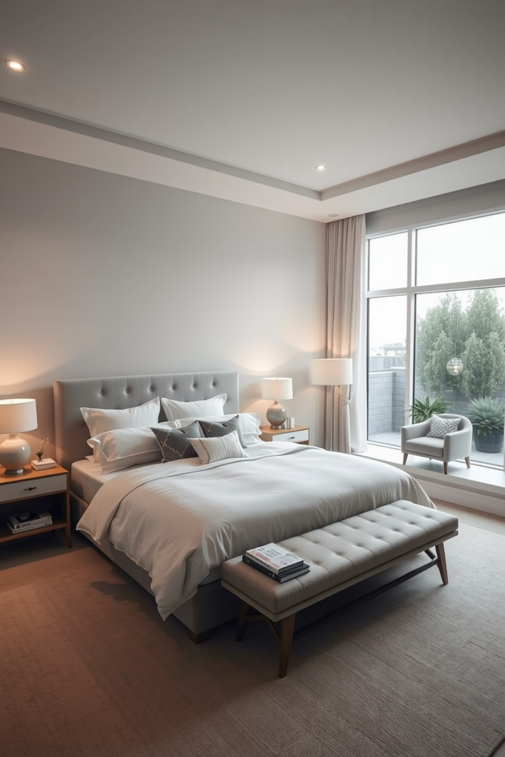 A modern bedroom featuring soft textiles that create a warm and inviting atmosphere. The bed is dressed in plush bedding with layered throws and decorative pillows in muted tones. Large windows allow natural light to flood the space, highlighting the soft textures of the curtains and rugs. A cozy reading nook is created with an oversized armchair and a small side table, adorned with a stylish lamp.