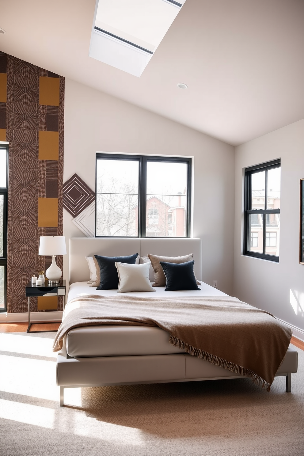 A modern bedroom featuring an accent wall decorated with bold wallpaper showcasing geometric patterns. The bed is centered in the room, adorned with plush pillows and a soft throw blanket that complements the color scheme. Natural light streams through large windows, illuminating the sleek furniture and minimalist decor. A stylish bedside table holds a contemporary lamp, adding a touch of elegance to the space.