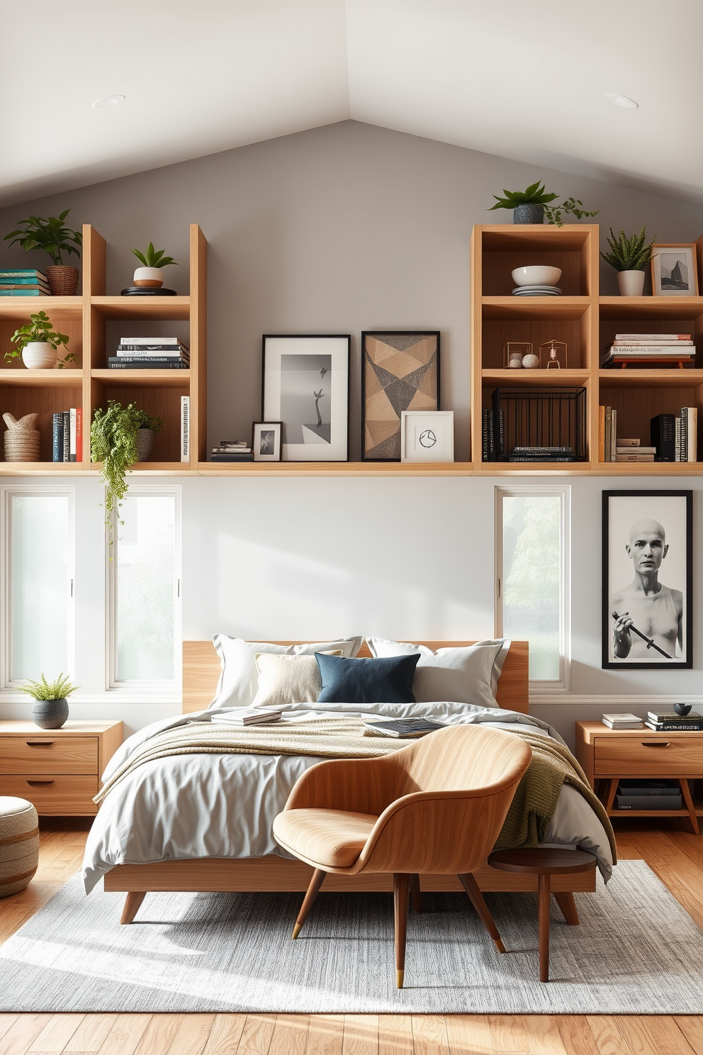 A modern bedroom featuring open shelving that showcases decorative displays. The shelving is made of light wood and is adorned with plants, books, and art pieces that add personality to the space. The bed is positioned against a soft gray accent wall with plush bedding in neutral tones. Large windows allow natural light to flood the room, highlighting a cozy reading nook with a stylish armchair.