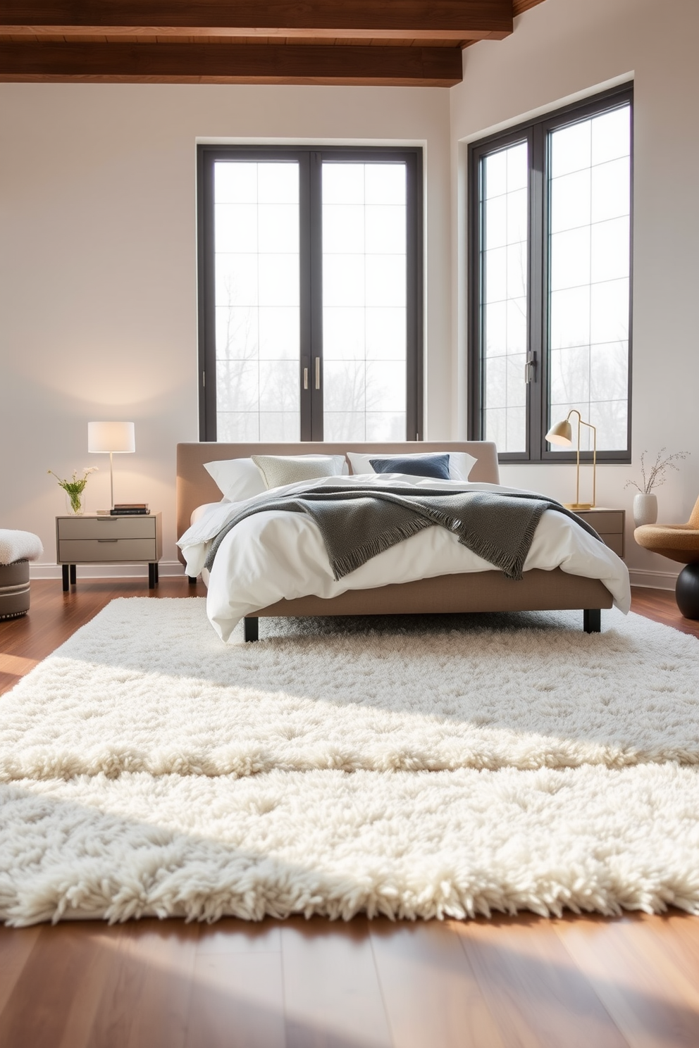 A modern bedroom featuring industrial elements such as exposed beams and raw concrete walls. The space includes a large platform bed with a sleek black frame and soft white bedding, complemented by minimalist bedside tables. Large windows allow natural light to flood the room, highlighting the warm wooden floors. A cozy reading nook is created with an oversized armchair and a small industrial-style side table.