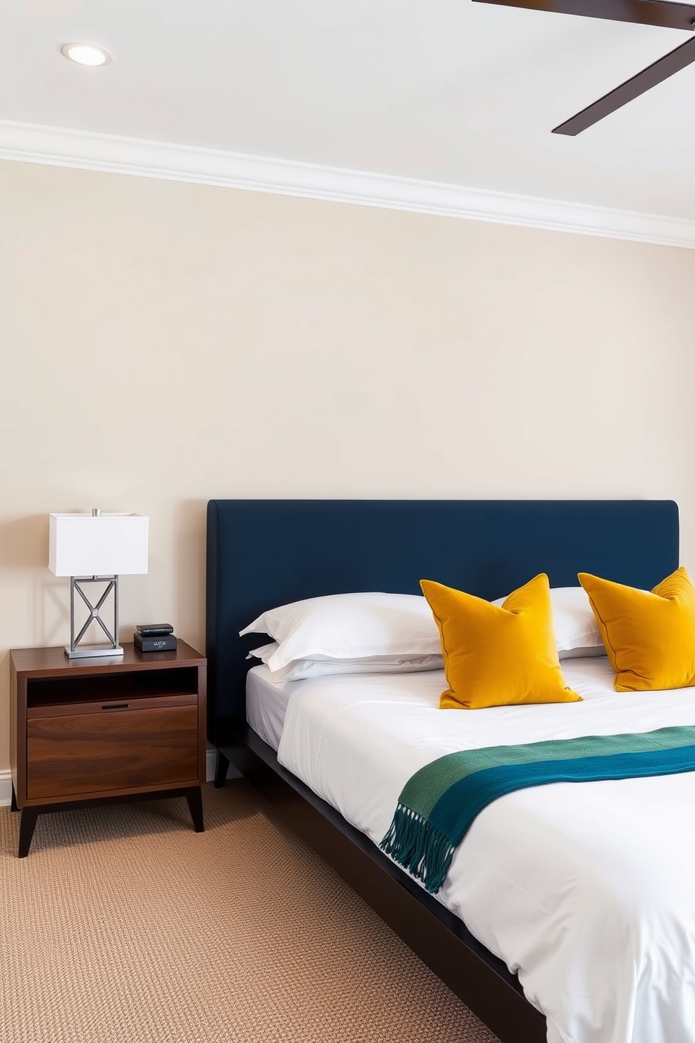 A modern bedroom featuring a neutral color palette with bold accents. The walls are painted in a soft beige, while a striking navy blue accent wall serves as the focal point behind the bed. The bed is dressed in crisp white linens adorned with vibrant throw pillows in shades of mustard and emerald green. A sleek nightstand on either side of the bed holds contemporary lamps with geometric designs, adding a touch of sophistication.