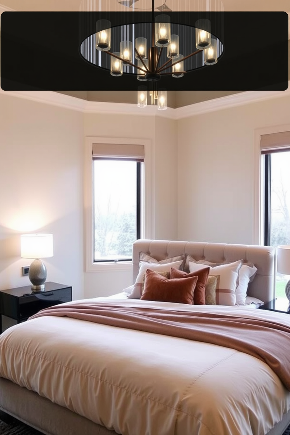 A modern bedroom featuring layered lighting with dimmers to create a cozy atmosphere. The space includes a plush king-sized bed with a soft upholstered headboard and stylish bedding in neutral tones. Wall sconces flank the bed, providing soft ambient light, while a contemporary chandelier hangs from the ceiling for a statement piece. A sleek bedside table holds a decorative lamp, and large windows allow natural light to fill the room during the day.