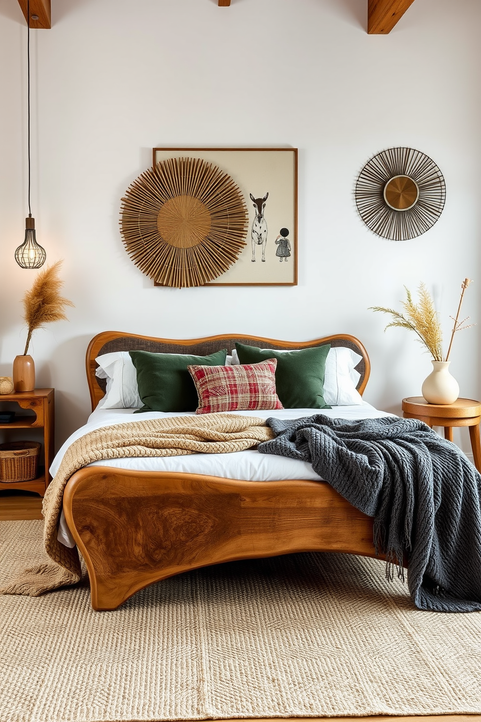 A cozy modern bedroom featuring a blend of vintage finds and contemporary decor. An antique wooden bed frame with intricate carvings is paired with sleek, minimalist nightstands on either side. The walls are adorned with a soft gray paint, complemented by a bold patterned area rug. Vintage accessories like an old-fashioned lamp and framed artwork add character, while modern bedding in crisp white keeps the look fresh.