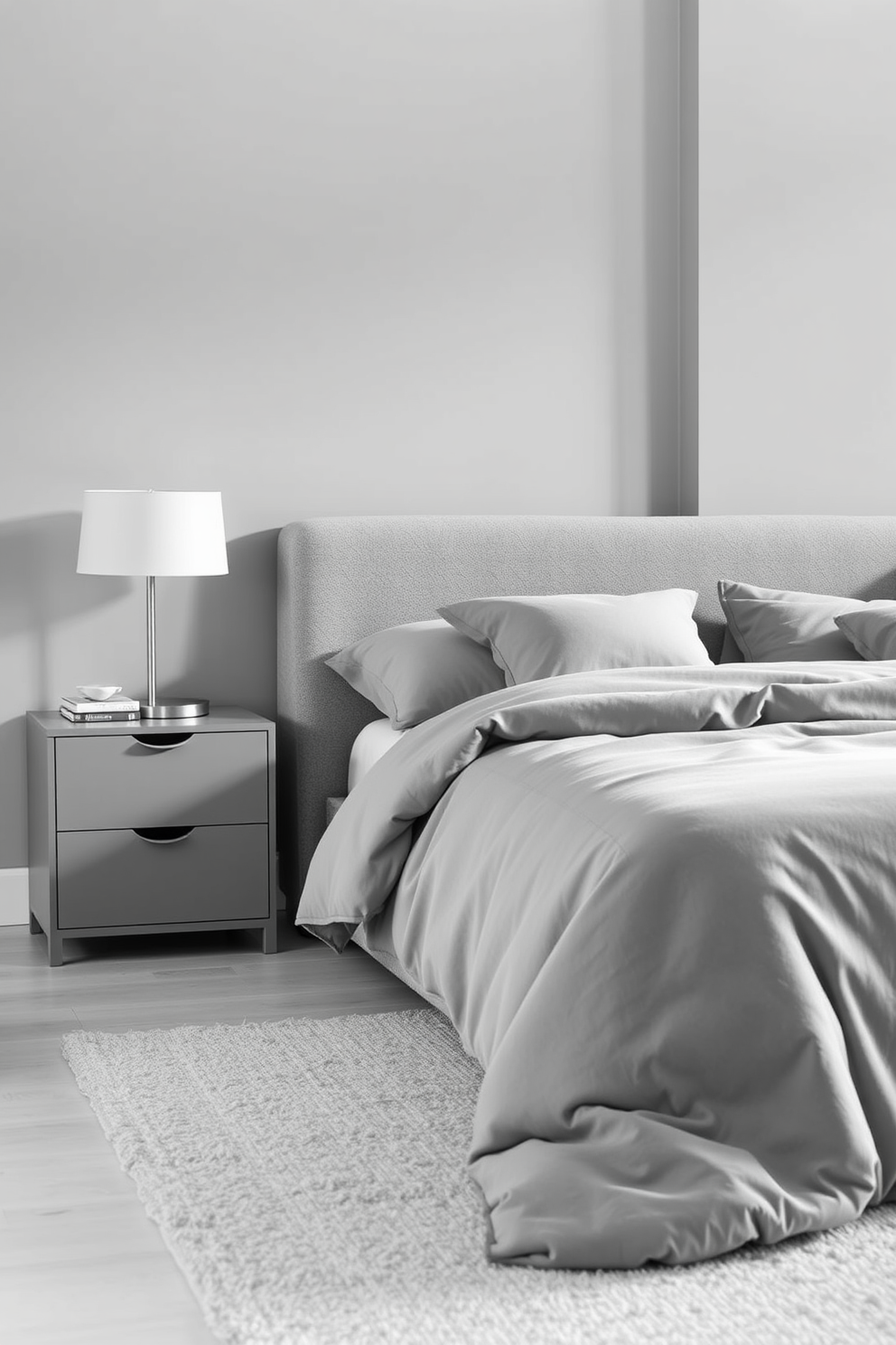 A modern bedroom featuring a monochromatic color scheme with various shades of gray. The walls are painted in a soft gray, complemented by a plush gray bedspread and matching pillows. A sleek nightstand in a darker gray sits beside the bed, adorned with a minimalist lamp. The floor is covered in a light gray area rug that adds warmth to the space.