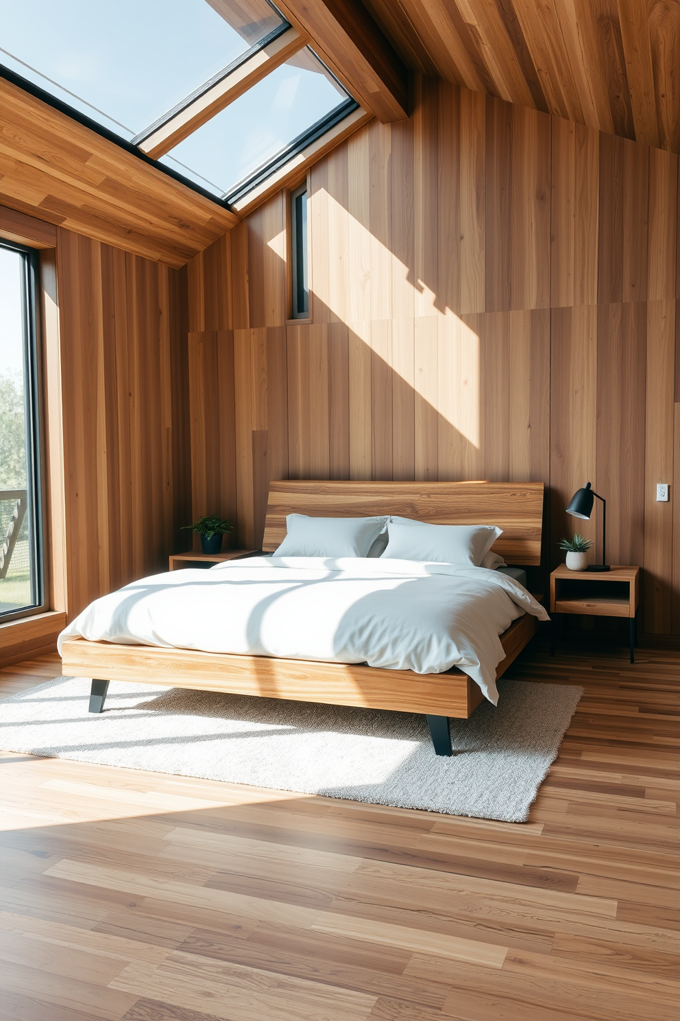 A modern bedroom featuring a large bed with a wooden frame and organic cotton bedding. The walls are adorned with natural wood paneling and large windows allow ample sunlight to filter in, highlighting the room's earthy tones. The floor is made of reclaimed hardwood, complemented by a soft area rug. A minimalist nightstand holds a small plant and a sleek lamp, creating a serene and inviting atmosphere.