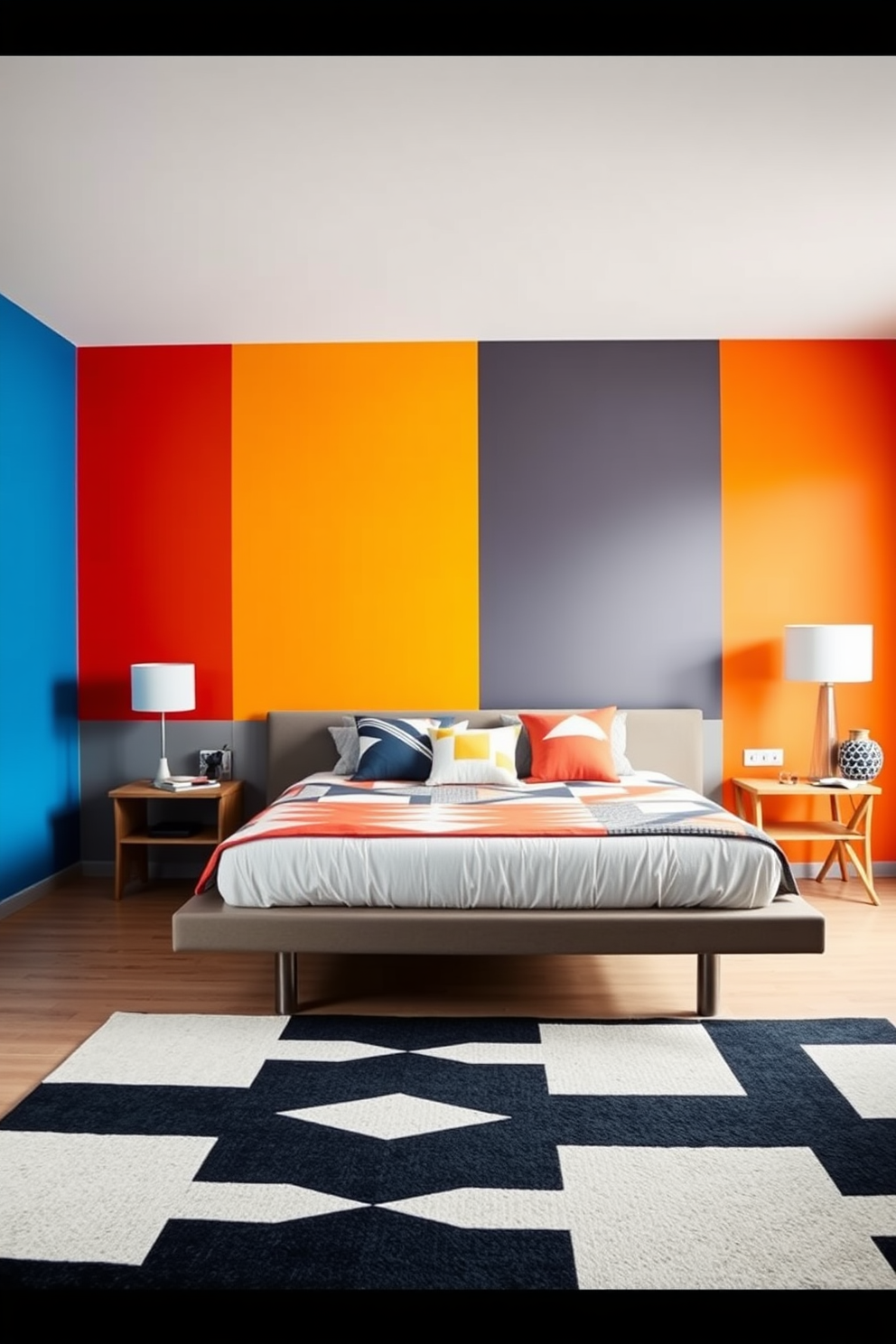 A modern bedroom design featuring warm wood accents throughout the space. The bed is framed with a sleek wooden headboard and complemented by matching nightstands on either side. Natural light floods the room through large windows, illuminating the rich wood tones. A cozy reading nook with a wooden chair and soft throw blankets adds an inviting touch.