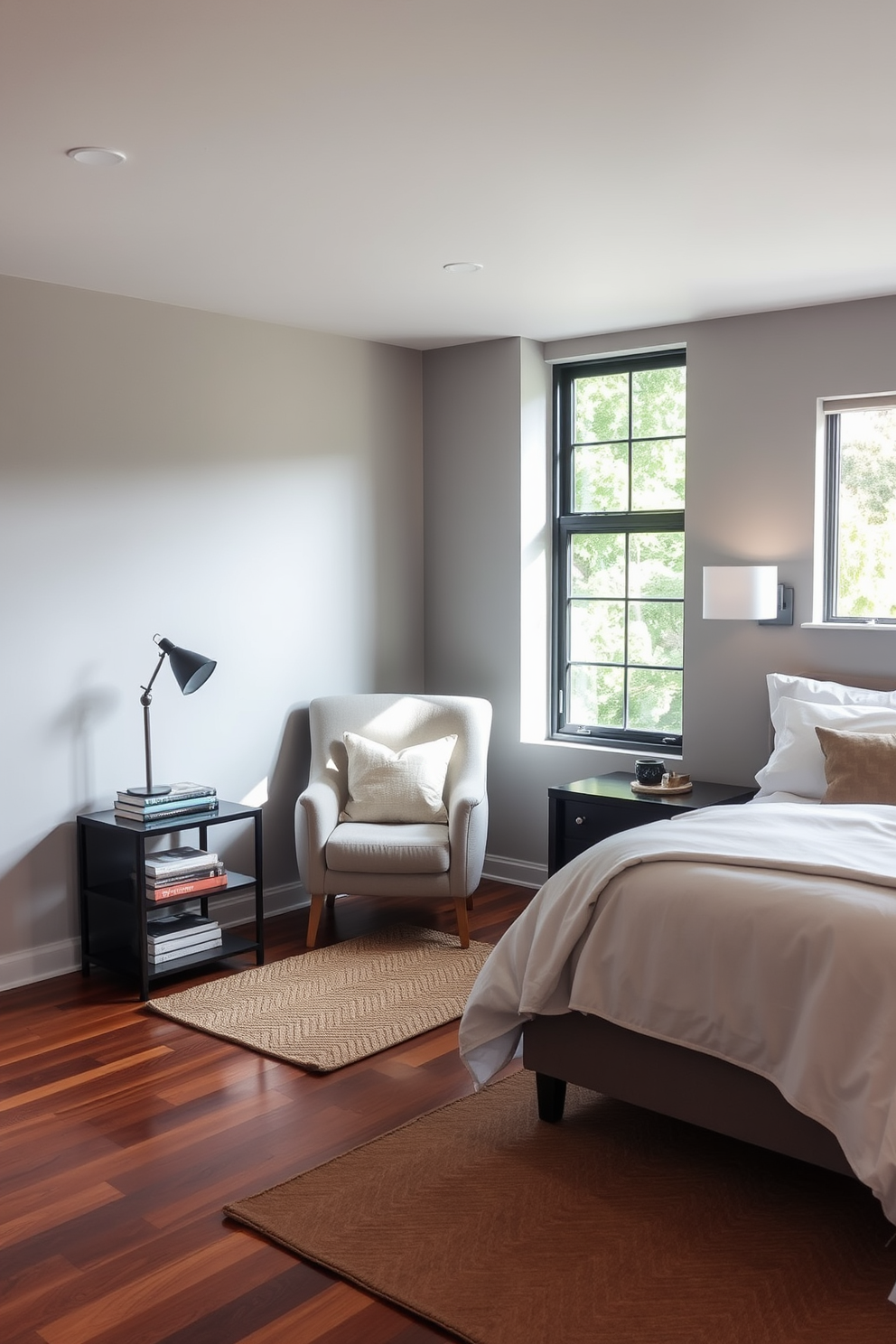 A modern bedroom featuring bold color blocking on the walls with a striking combination of deep blue and vibrant yellow. The room includes a sleek platform bed with a geometric headboard, complemented by minimalist bedside tables and contemporary lighting fixtures. Large windows allow natural light to flood the space, highlighting the contrasting colors and textures. A plush area rug adds warmth to the hardwood floor, while abstract artwork adorns the walls, enhancing the modern aesthetic.