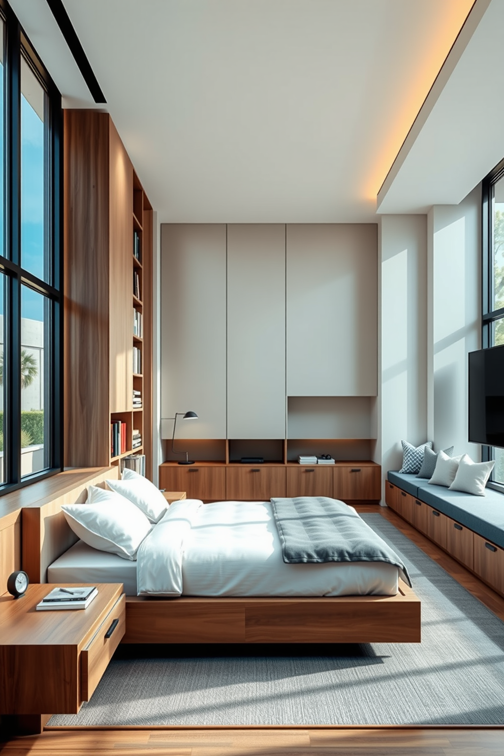 A modern bedroom that creatively utilizes space with built-in furniture. The room features a sleek platform bed with integrated storage drawers and floating nightstands on either side. Large built-in shelves line one wall, displaying books and decorative items, while a cozy reading nook with a built-in bench and cushions occupies a corner. The color palette consists of soft neutrals and calming blues, with natural light streaming in through expansive windows.