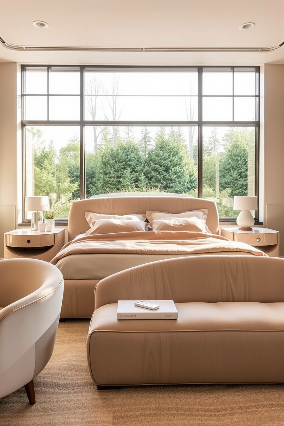 A modern bedroom featuring soft curves in the furniture to enhance comfort. The bed has a rounded headboard with plush upholstery, paired with nightstands that have gentle, flowing lines. The color palette includes soothing neutral tones with soft textures throughout the space. Large windows allow natural light to fill the room, highlighting the cozy atmosphere.