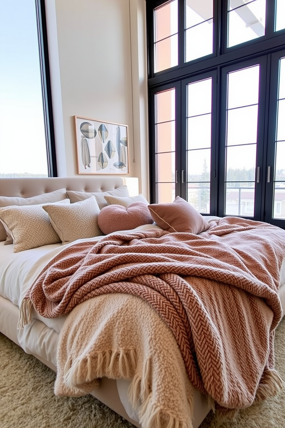 Layered textures create a cozy atmosphere in a modern bedroom design. Soft linens in varying shades of gray are paired with a chunky knit throw draped over a plush upholstered bed. A statement rug with a geometric pattern anchors the space, adding warmth underfoot. Natural light filters through sheer curtains, illuminating a minimalist bedside table adorned with a sleek lamp and a small potted plant.