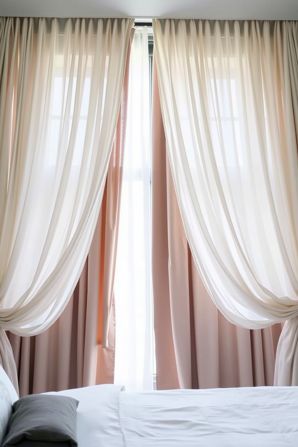 A modern bedroom featuring layered curtains that provide texture and privacy. The curtains are a blend of sheer and heavy fabrics in soft neutral tones, framing a large window that lets in natural light.