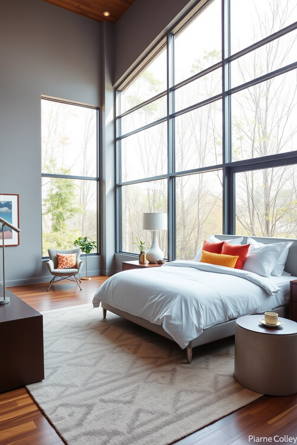 A modern bedroom featuring bedding and rugs with bold geometric patterns. The walls are painted in a soft gray, complementing the vibrant colors of the textiles.