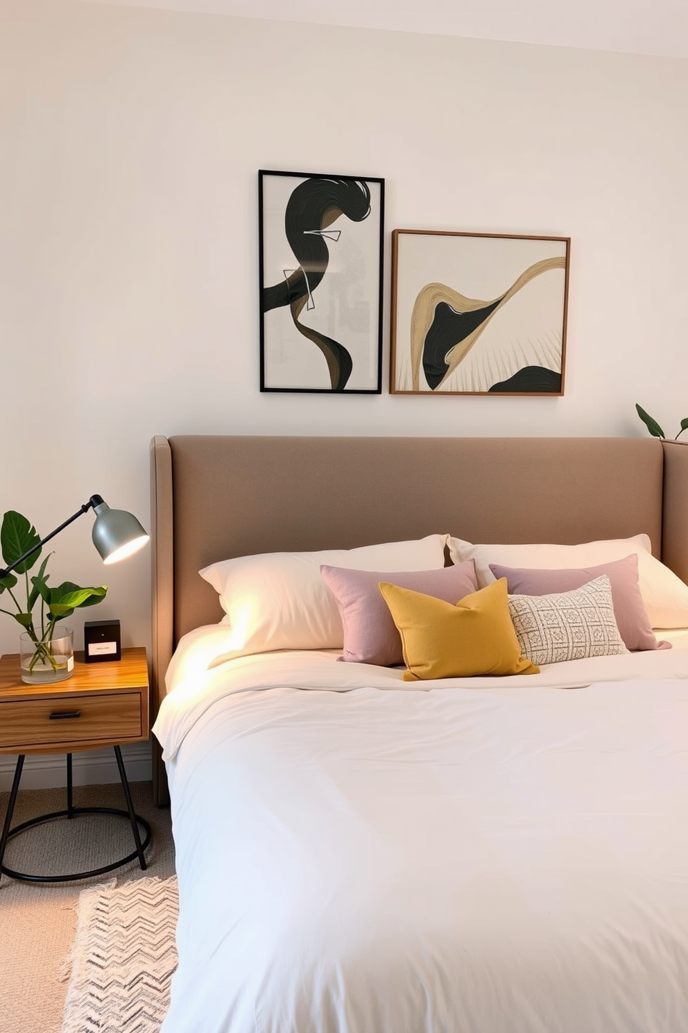 A modern bedroom featuring a large bed with a sleek upholstered headboard and crisp white linens. Floor-to-ceiling windows allow natural light to flood the space, while potted indoor plants add a touch of greenery and warmth. The walls are painted in a soft gray tone, complemented by minimalist artwork above the bed. A stylish area rug anchors the room, and a cozy reading nook with a comfortable chair sits in one corner, surrounded by lush plants.