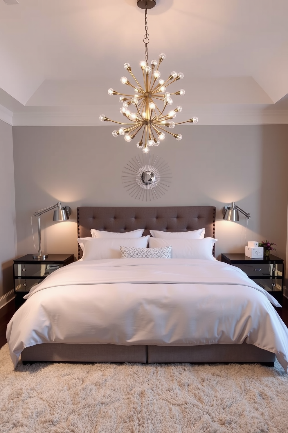 A modern bedroom featuring unique light fixtures as statement pieces. The room is adorned with a plush king-sized bed dressed in luxurious linens, complemented by stylish nightstands on either side. Above the bed, an artistic chandelier creates a focal point, casting a warm glow throughout the space. The walls are painted in a soft gray, while the floor is covered with a cozy area rug that adds texture and warmth.