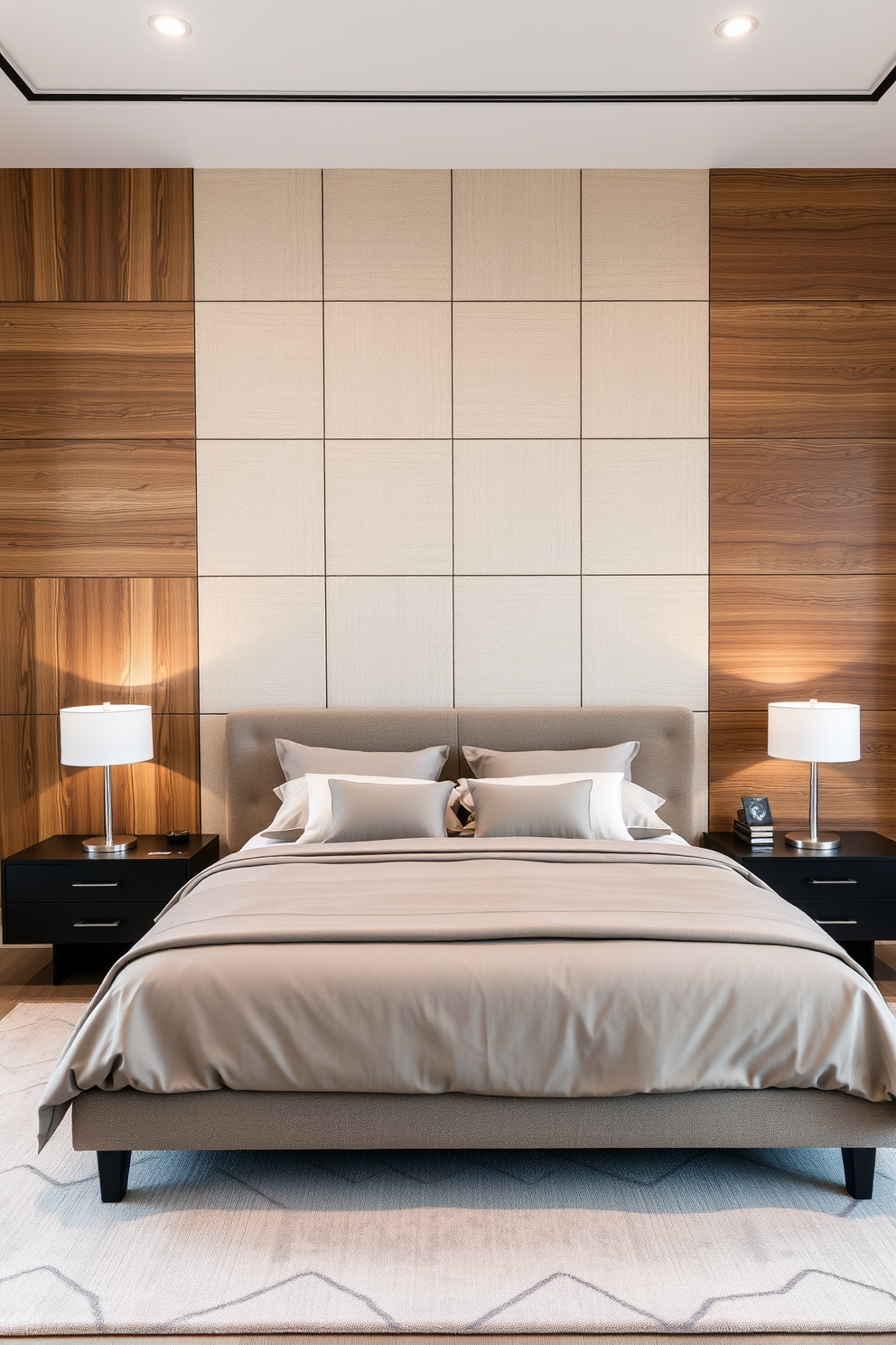 Textured wall panels create a striking focal point in a modern bedroom. The panels feature a blend of wood and fabric finishes, adding warmth and sophistication to the space. A plush king-sized bed is centered against the textured wall, adorned with layered bedding in neutral tones. Flanking the bed are sleek nightstands with minimalist lamps, enhancing the contemporary aesthetic.