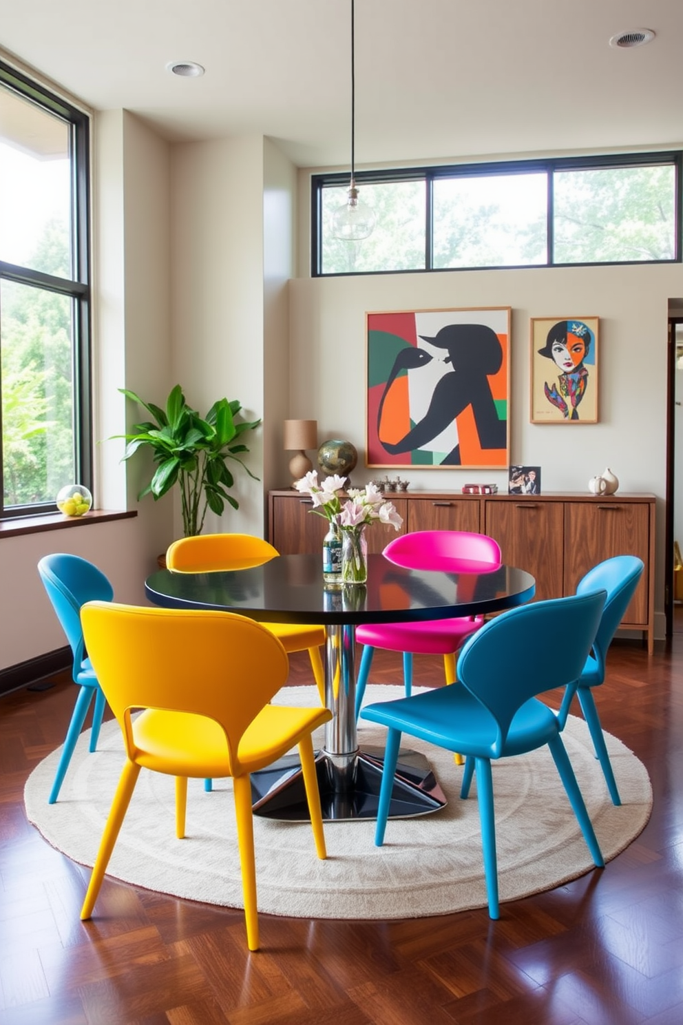 A modern dining room featuring warm wood accents creates a cozy atmosphere. The space includes a large wooden dining table surrounded by plush upholstered chairs in neutral tones. Natural light floods the room through large windows, highlighting the rich textures of the wood. A statement chandelier hangs above the table, adding elegance to the inviting setting.