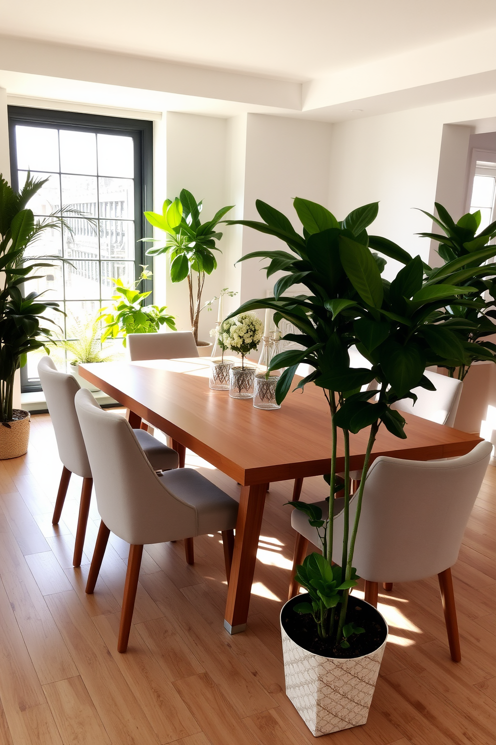 Custom artwork to personalize space. A large canvas featuring abstract colors hangs above a sleek wooden dining table surrounded by upholstered chairs. Modern dining room design ideas. The space is illuminated by a contemporary chandelier, and large windows let in natural light, highlighting the minimalist decor.