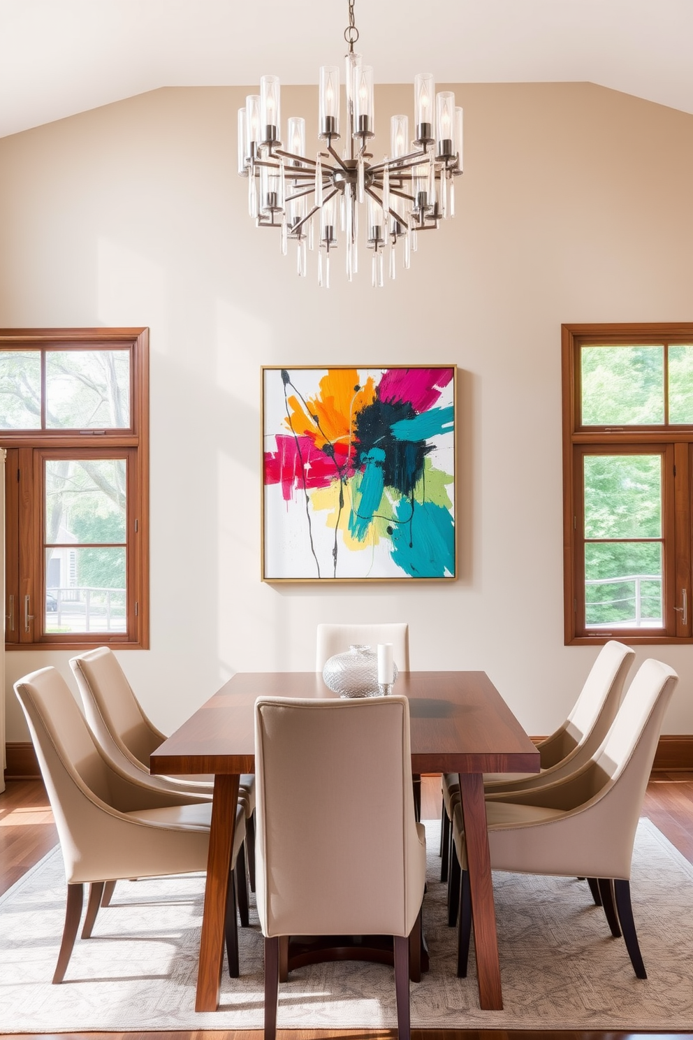 A modern dining room features a sleek rectangular table surrounded by upholstered chairs with geometric patterns. The walls are adorned with bold artwork that complements the overall color scheme, while a statement pendant light hangs above the table, adding a touch of sophistication.