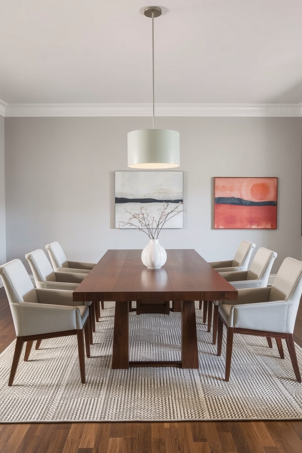 A modern dining room featuring rustic elements. The table is a reclaimed wood piece with a live edge, surrounded by sleek metal chairs that contrast beautifully with the warmth of the wood. The walls are adorned with contemporary art, while exposed wooden beams add character to the ceiling. A large pendant light hangs above the table, casting a warm glow over a centerpiece of seasonal flowers.