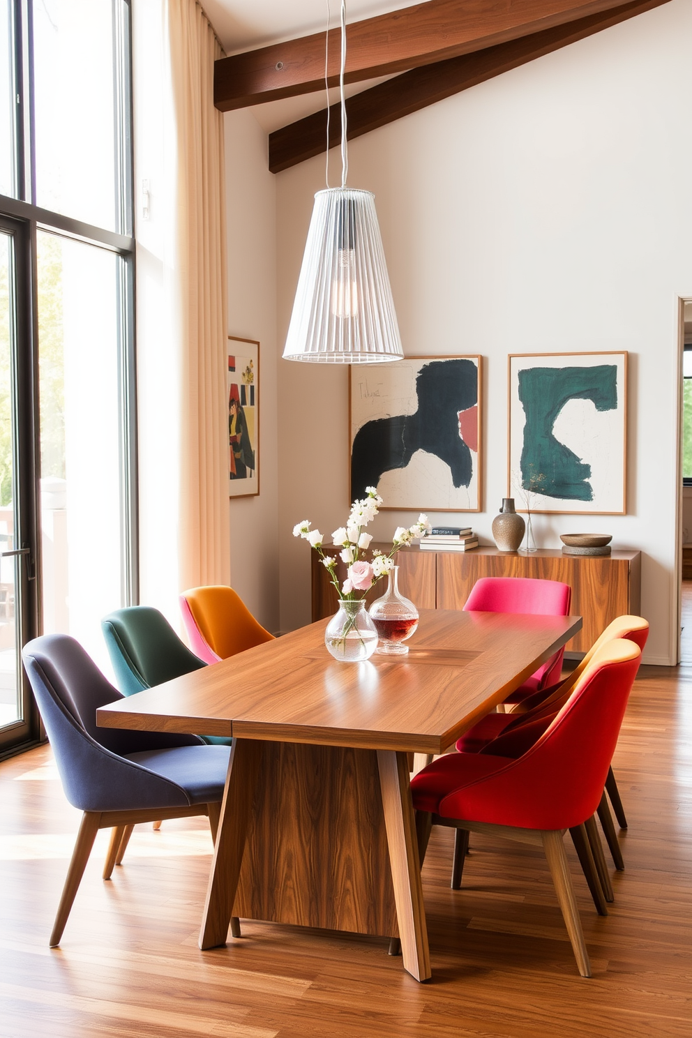 A modern dining room featuring a sleek extendable table that can comfortably accommodate six people when fully opened. Surrounding the table are stylish, stackable chairs that can be easily stored away to maximize space when not in use. The room is adorned with a minimalist pendant light hanging above the table, casting a warm glow during evening meals. A sideboard with integrated storage solutions lines one wall, keeping the space organized and clutter-free.