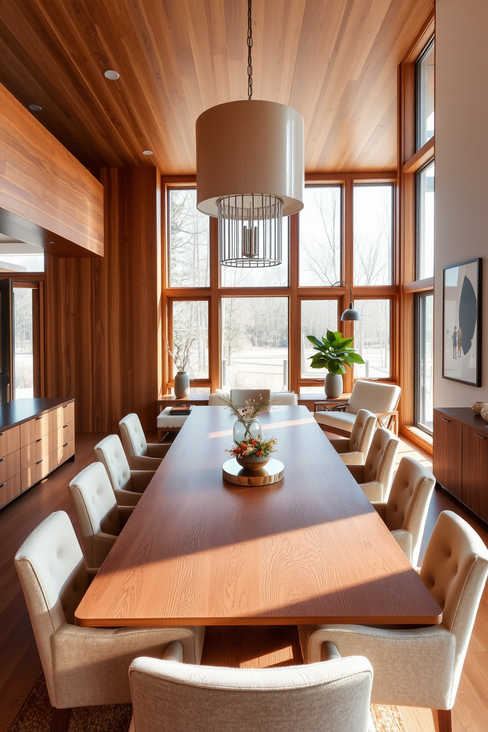 A sleek glass dining table serves as the centerpiece of the modern dining room. Surrounding the table are stylish upholstered chairs in a muted tone, creating an inviting atmosphere for gatherings. The walls are painted in a soft gray, complementing the contemporary artwork displayed above the sideboard. A statement pendant light hangs from the ceiling, adding a touch of elegance to the space.