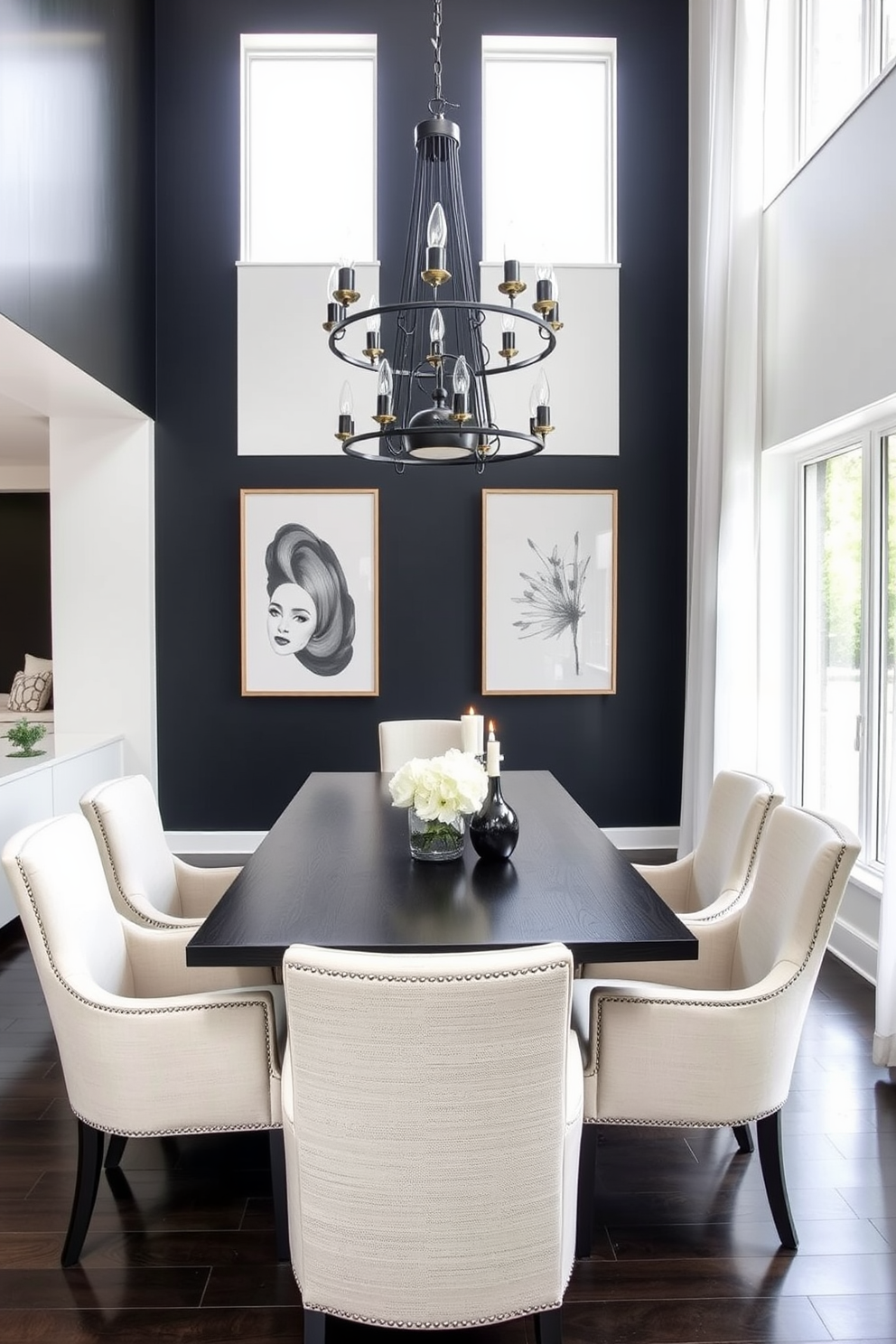 A modern dining room featuring bold wallpaper that creates a dramatic focal point. The dining table is a sleek glass design surrounded by upholstered chairs in a vibrant color. A statement chandelier hangs above the table, casting a warm glow over the space. Large windows allow natural light to flood in, enhancing the rich colors of the wallpaper.