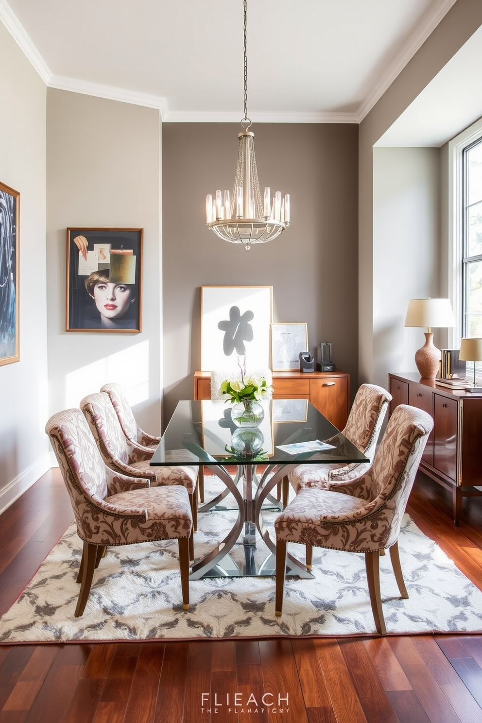 A modern dining room bathed in natural light with sheer curtains gently filtering the sunlight. The space features a sleek wooden dining table surrounded by stylish upholstered chairs, complemented by a statement chandelier overhead.