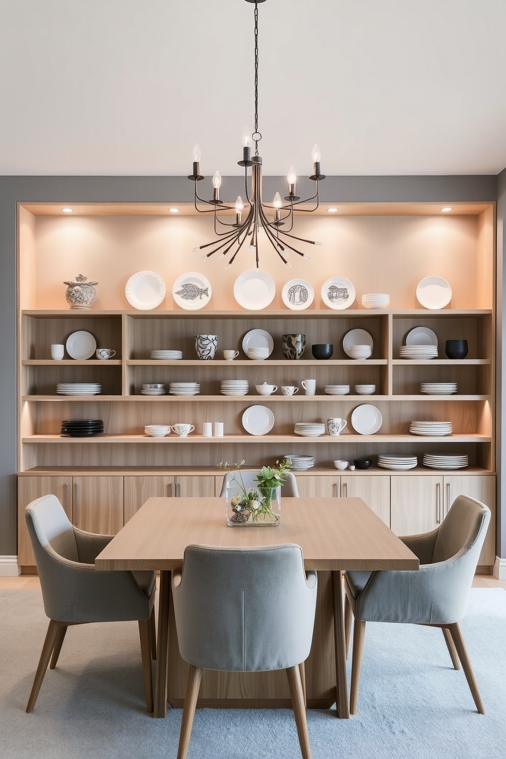 A modern dining room features a sleek rectangular table surrounded by upholstered chairs that blend comfort and style. Built-in cabinetry lines one wall, showcasing elegant dishware and adding functional storage without sacrificing aesthetics. Natural light floods the room through large windows, enhancing the warm tones of the wooden flooring. A statement pendant light hangs above the table, creating a focal point that draws the eye and elevates the overall design.