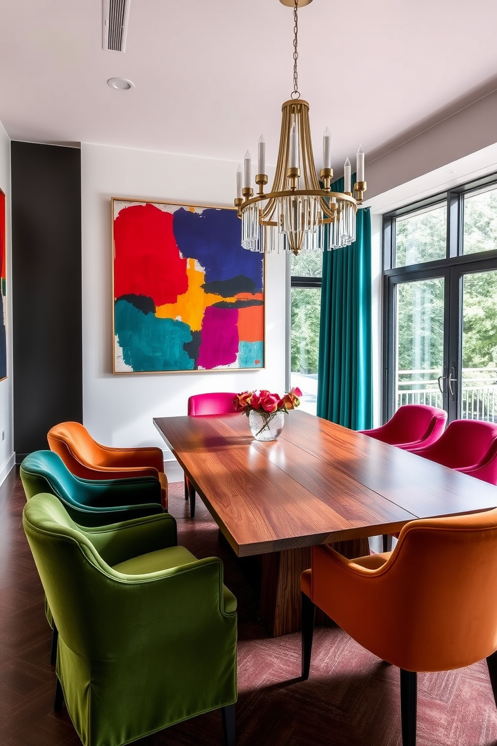 A modern dining room features a sleek wooden table surrounded by colorful dinnerware that adds vibrancy to the table settings. The walls are adorned with contemporary art pieces, and a stylish pendant light hangs above, casting a warm glow over the scene.