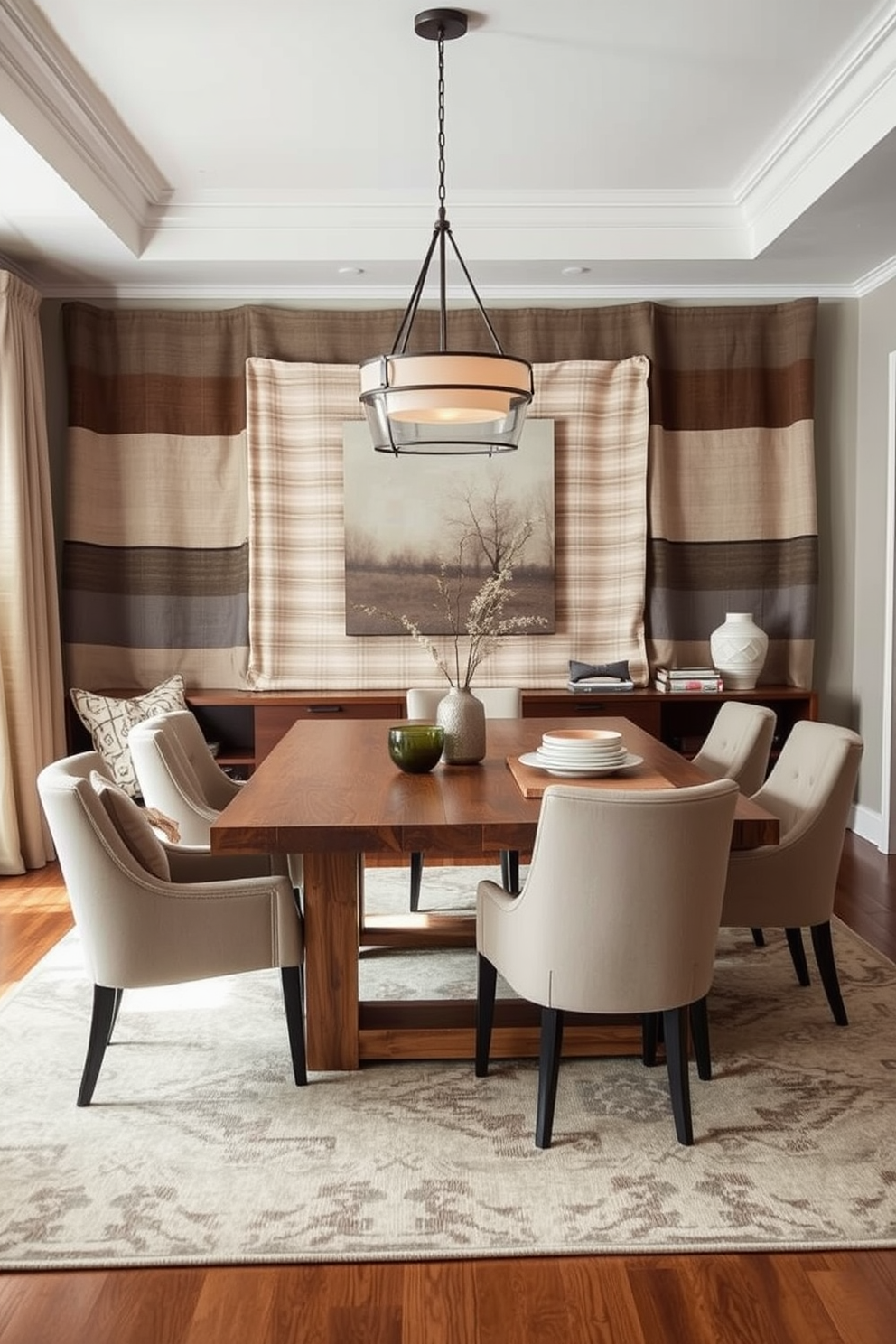 A stylish bar cart for entertaining guests features a sleek metallic frame with glass shelves. It is adorned with an array of fine spirits, elegant glassware, and a decorative ice bucket, set against a backdrop of a vibrant living room. Modern dining room design ideas include a long wooden table with minimalist chairs that emphasize clean lines. A statement light fixture hangs above the table, while a large piece of abstract art adorns the wall, creating a focal point in the space.