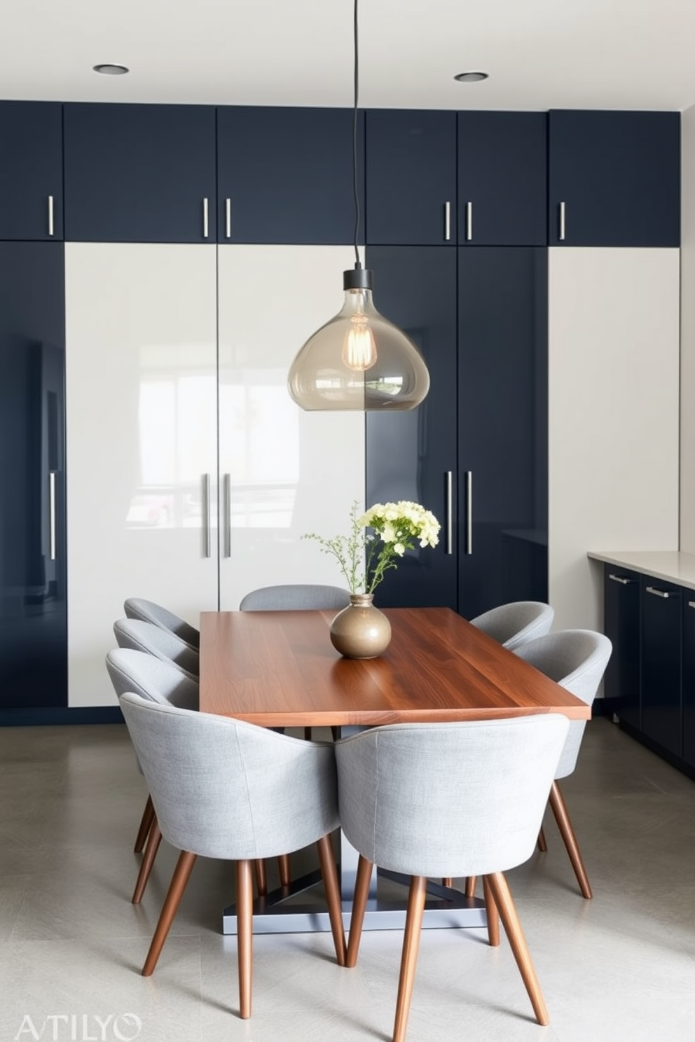 A modern dining room featuring layered lighting that enhances both ambiance and functionality. The space includes a sleek wooden dining table surrounded by upholstered chairs, with pendant lights hanging above to create a warm glow.