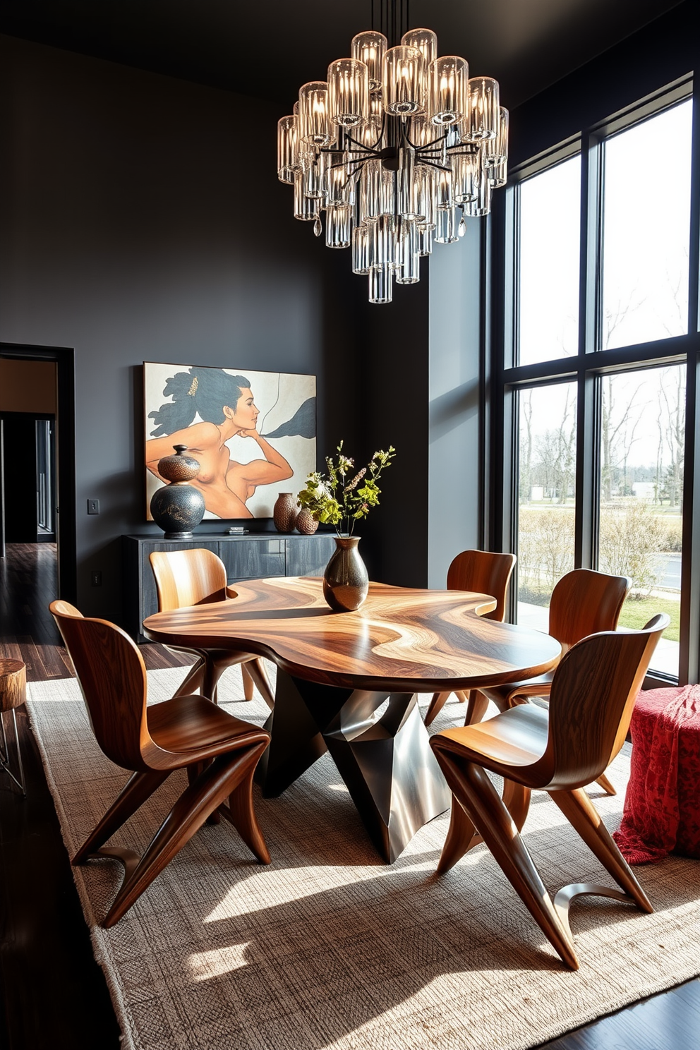 A modern dining room featuring a monochromatic color scheme that exudes sophisticated elegance. The walls are painted in a soft gray, complemented by a sleek rectangular table with a glossy finish surrounded by upholstered chairs in varying shades of gray. A stunning chandelier hangs above the table, casting a warm glow over the space. The flooring is a rich dark wood, and a large abstract artwork in black and white adorns the wall, adding a touch of contemporary flair.