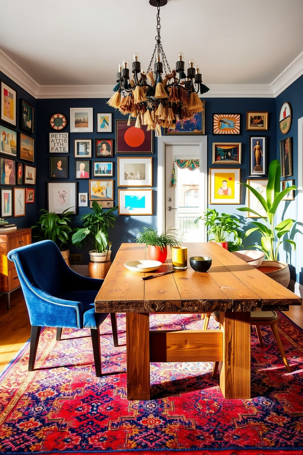 A modern dining room featuring a sleek rectangular table with a glass top and minimalist wooden chairs. The walls are painted in a soft white, and a large abstract painting adds a pop of color above the buffet. Natural light floods the space through floor-to-ceiling windows, illuminating a simple yet elegant centerpiece of fresh flowers. A stylish pendant light hangs above the table, complementing the overall clean aesthetic of the room.