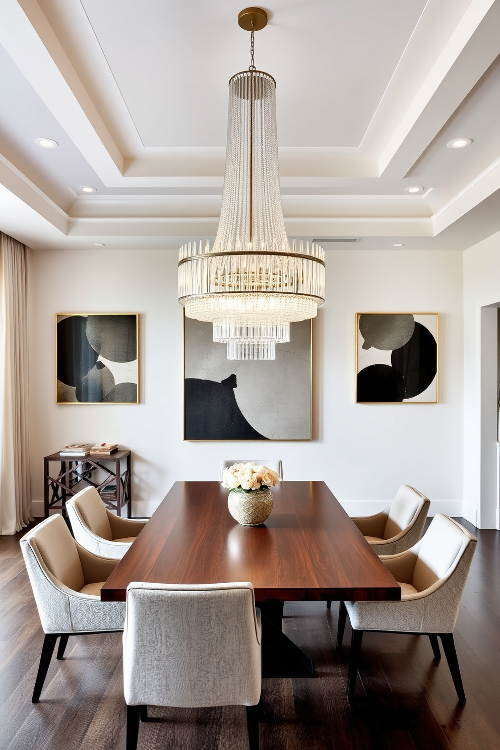 A modern dining room features a statement lighting fixture that serves as the focal point, casting a warm glow over the elegantly set table. The room is adorned with minimalist furniture, including sleek chairs and a polished wooden dining table, creating a harmonious and inviting atmosphere.