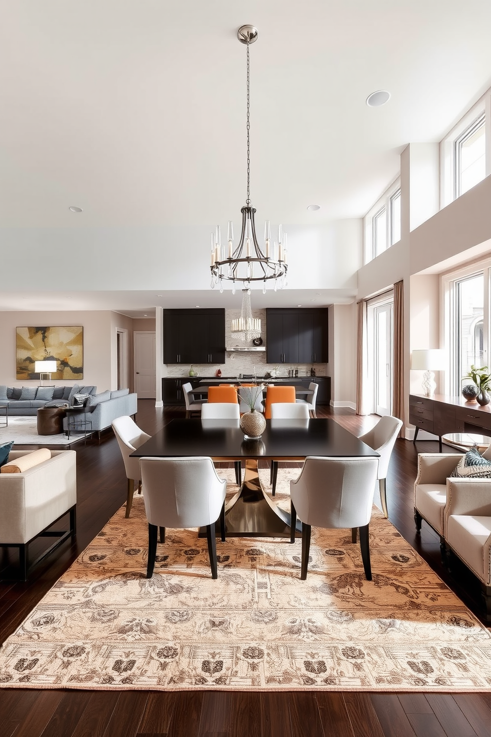 A modern dining room features a sleek wooden table surrounded by upholstered chairs in a soft neutral fabric. The centerpiece is a striking arrangement of seasonal flowers placed in a minimalist vase, adding a pop of color to the space. The walls are adorned with a subtle textured wallpaper that complements the overall color scheme. A statement chandelier hangs above the table, casting a warm glow and enhancing the layered textures throughout the room.