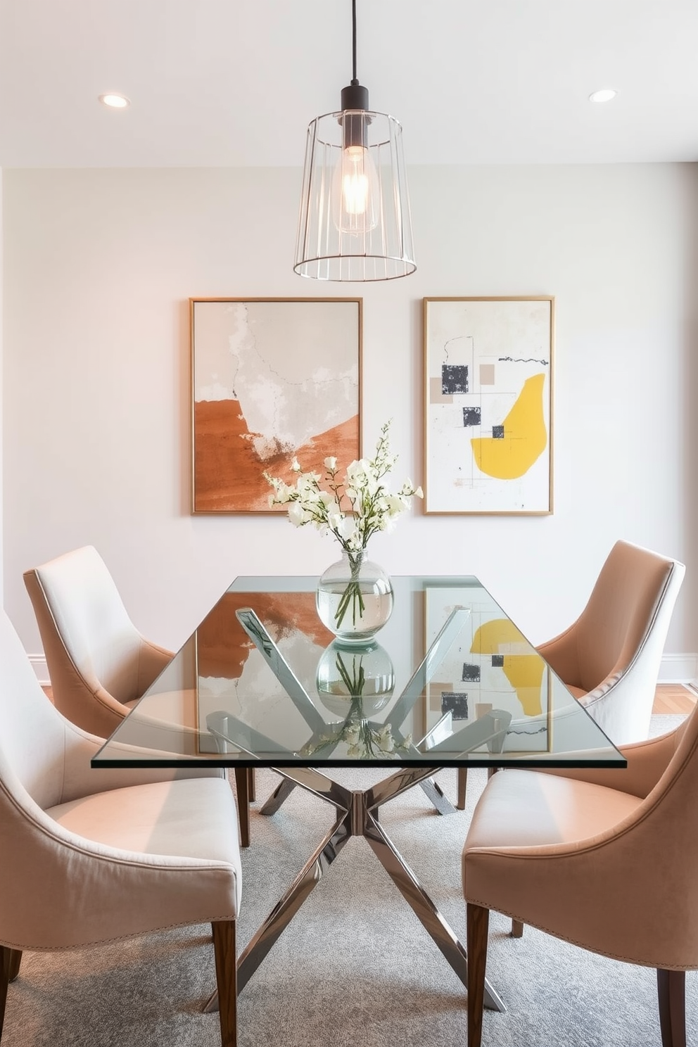 A modern dining room featuring a neutral palette with pops of color. The space includes a sleek wooden dining table surrounded by colorful upholstered chairs. Large windows allow natural light to flood the room, highlighting a vibrant area rug beneath the table. A stylish pendant light hangs above, adding a touch of elegance to the atmosphere.