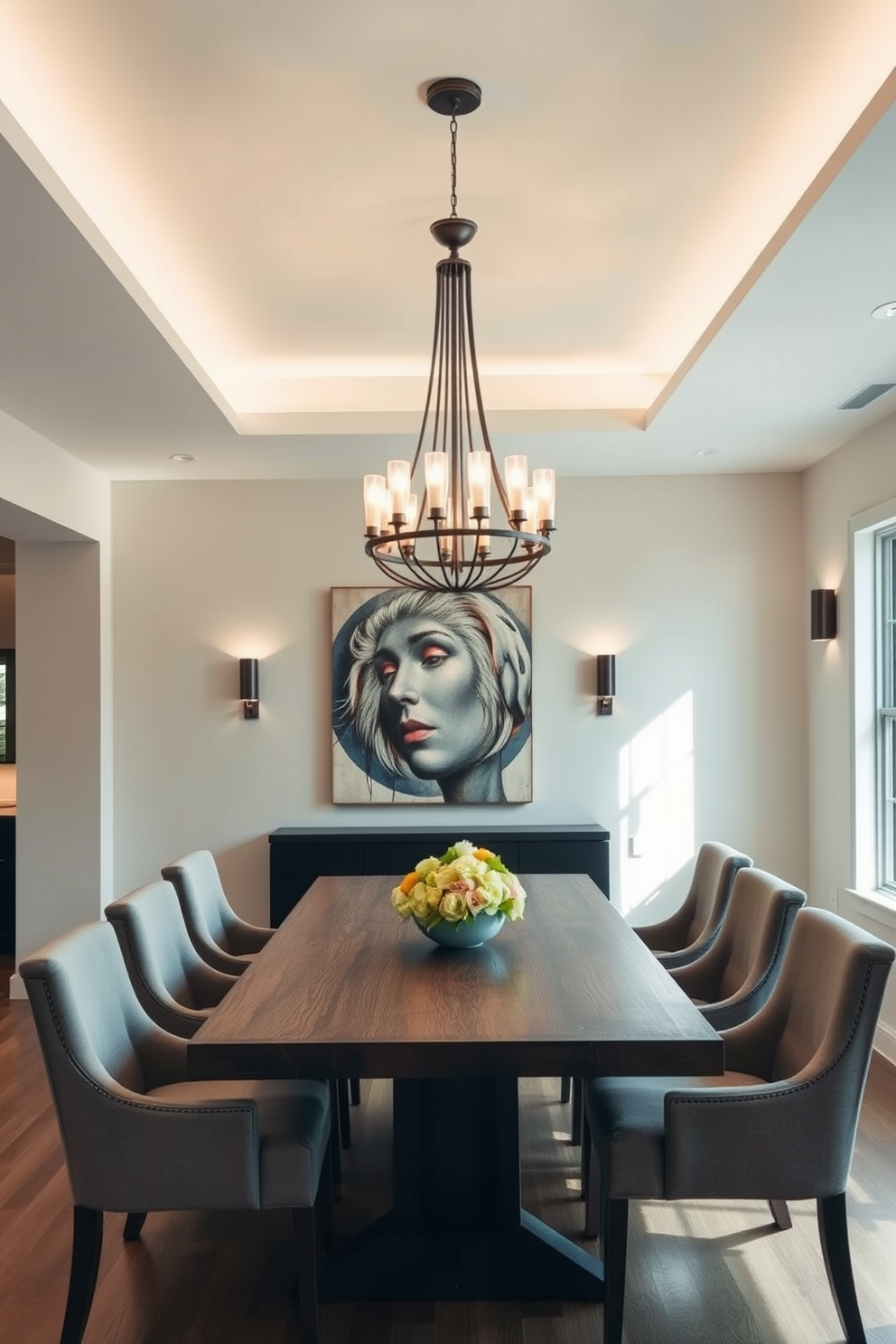 Open shelving creates a stylish storage solution in a modern dining room. The shelves are filled with an assortment of decorative dishes, glassware, and potted plants, enhancing the room's aesthetic appeal. The dining table is a sleek rectangular design made of natural wood, surrounded by upholstered chairs in a neutral fabric. A statement pendant light hangs above the table, casting a warm glow over the space.