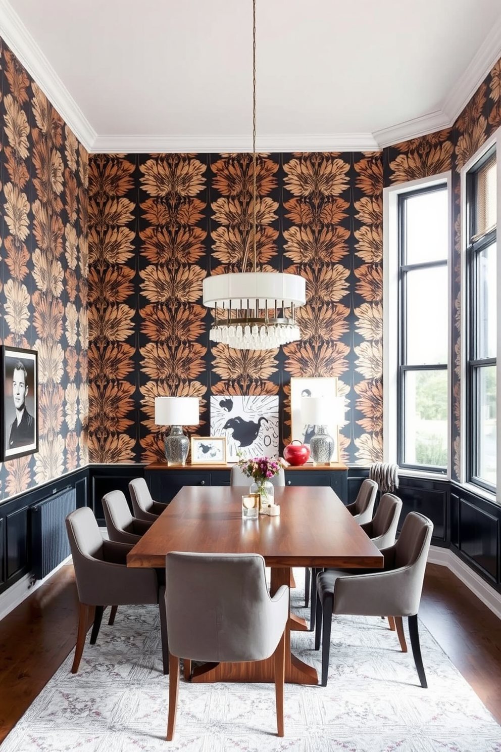 A modern dining room featuring a blend of mixed materials for an eclectic charm. The table is made of reclaimed wood paired with metal chairs in vibrant colors, creating a lively atmosphere. The walls are adorned with a gallery of abstract art pieces, adding personality to the space. A stylish pendant light hangs above the table, casting a warm glow over the dining area.