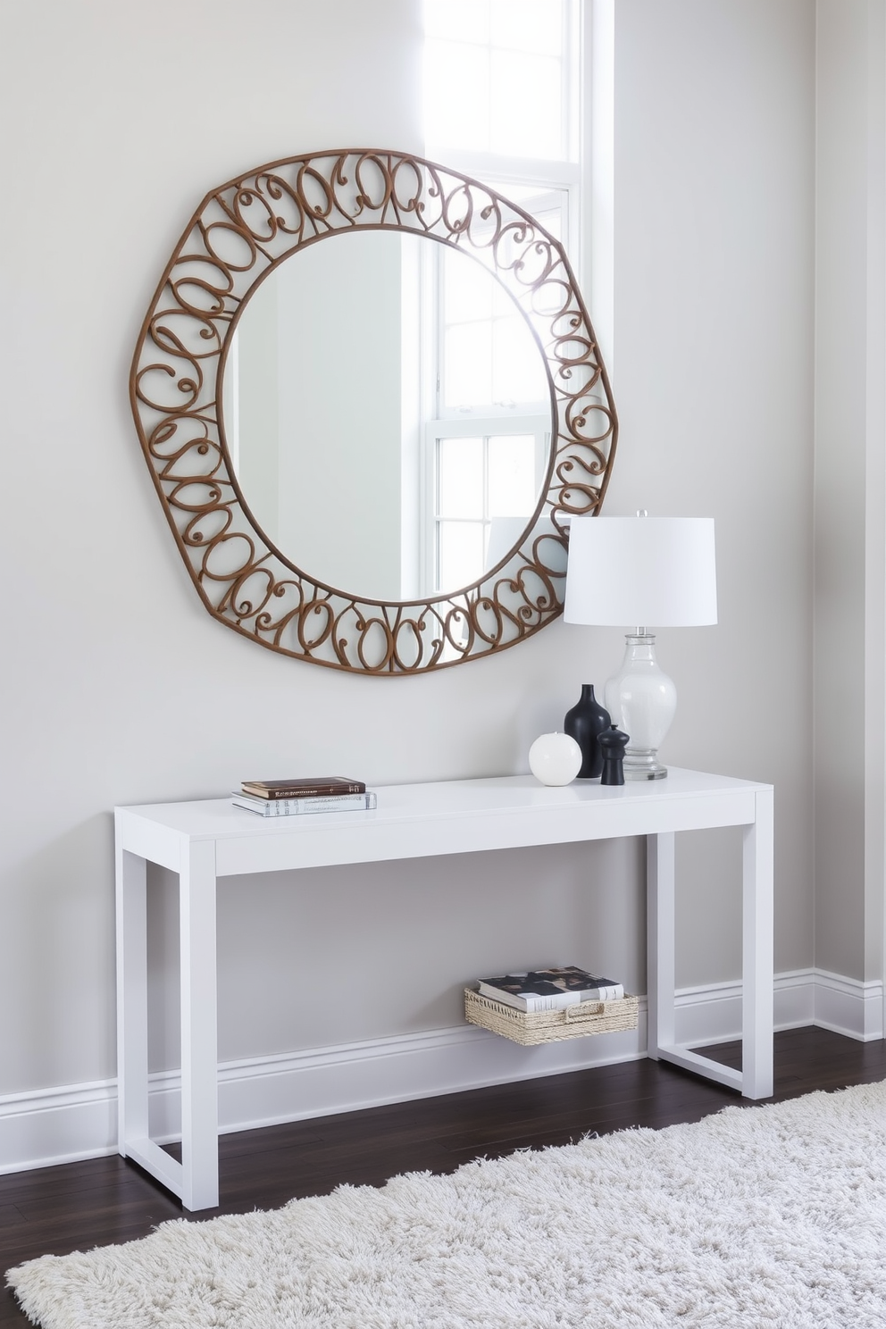 Sleek console table with a smooth, glossy finish stands against a light gray wall. A small potted plant and a stylish bowl are placed on top for a touch of greenery and elegance. The entryway features a contemporary rug that complements the console table. Soft lighting from a pendant fixture creates a warm and inviting atmosphere.