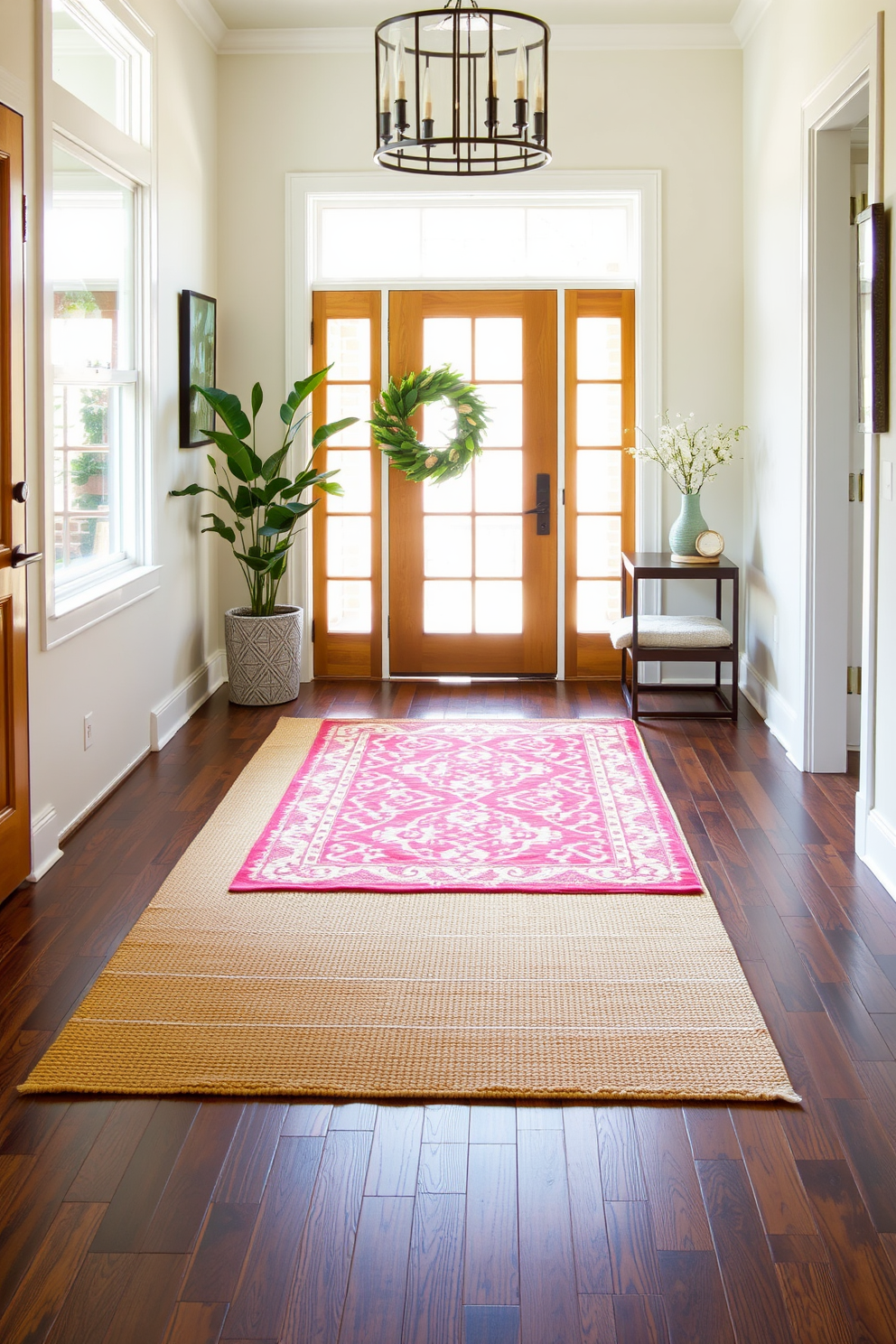 A modern entryway features a layered arrangement of area rugs that add warmth and texture to the space. The first rug is a large neutral-toned base, topped with a smaller, vibrant patterned rug that creates visual interest and comfort underfoot.