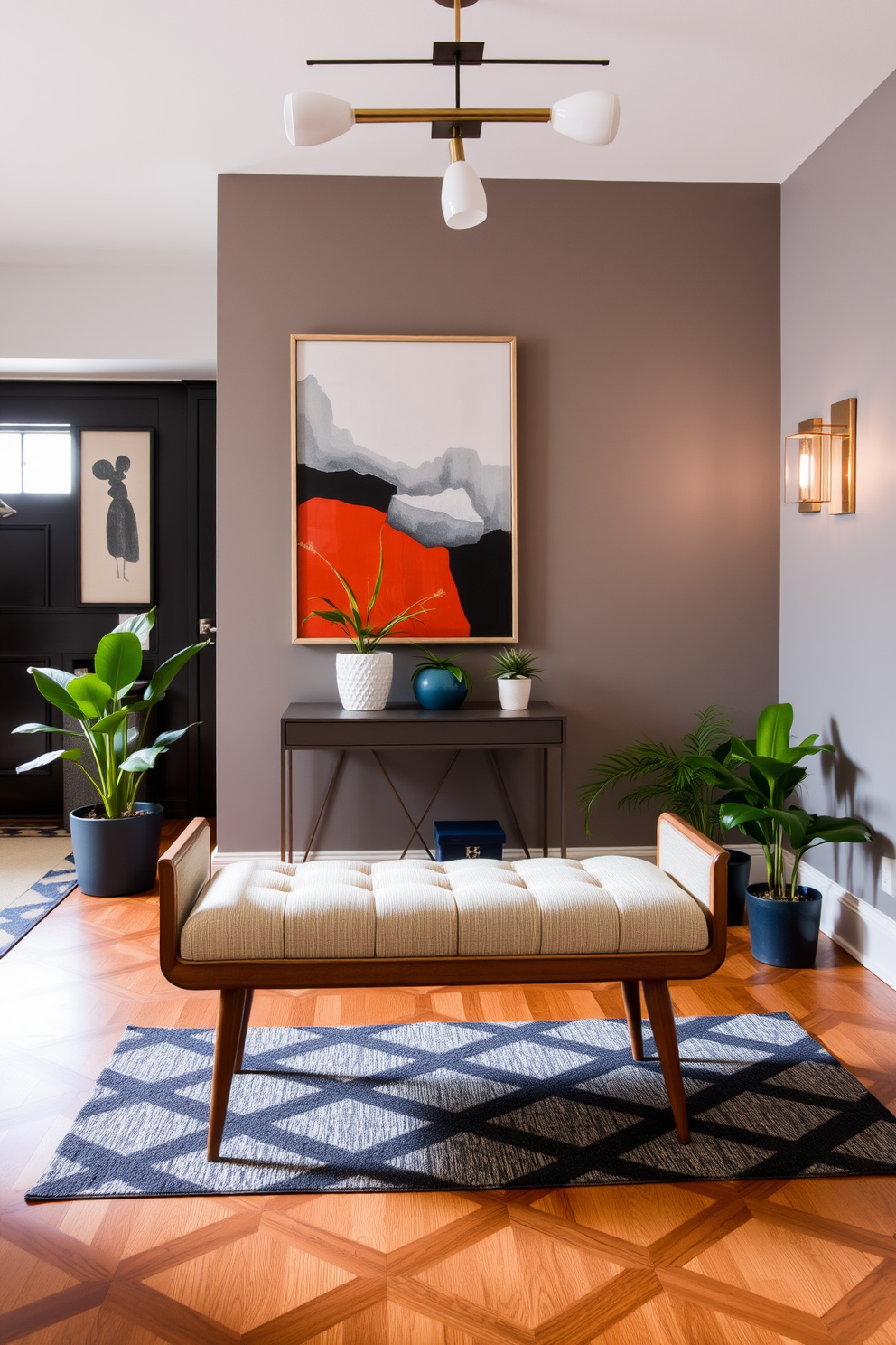 A vintage bench is positioned against a backdrop of contemporary wall art and sleek lighting fixtures. The floor features a geometric patterned rug that contrasts with the warm wood tones of the bench, creating a harmonious blend of styles. The entryway is adorned with a mix of modern accessories, including a minimalist console table and a statement mirror. Potted plants are strategically placed to add a touch of greenery and freshness to the space.