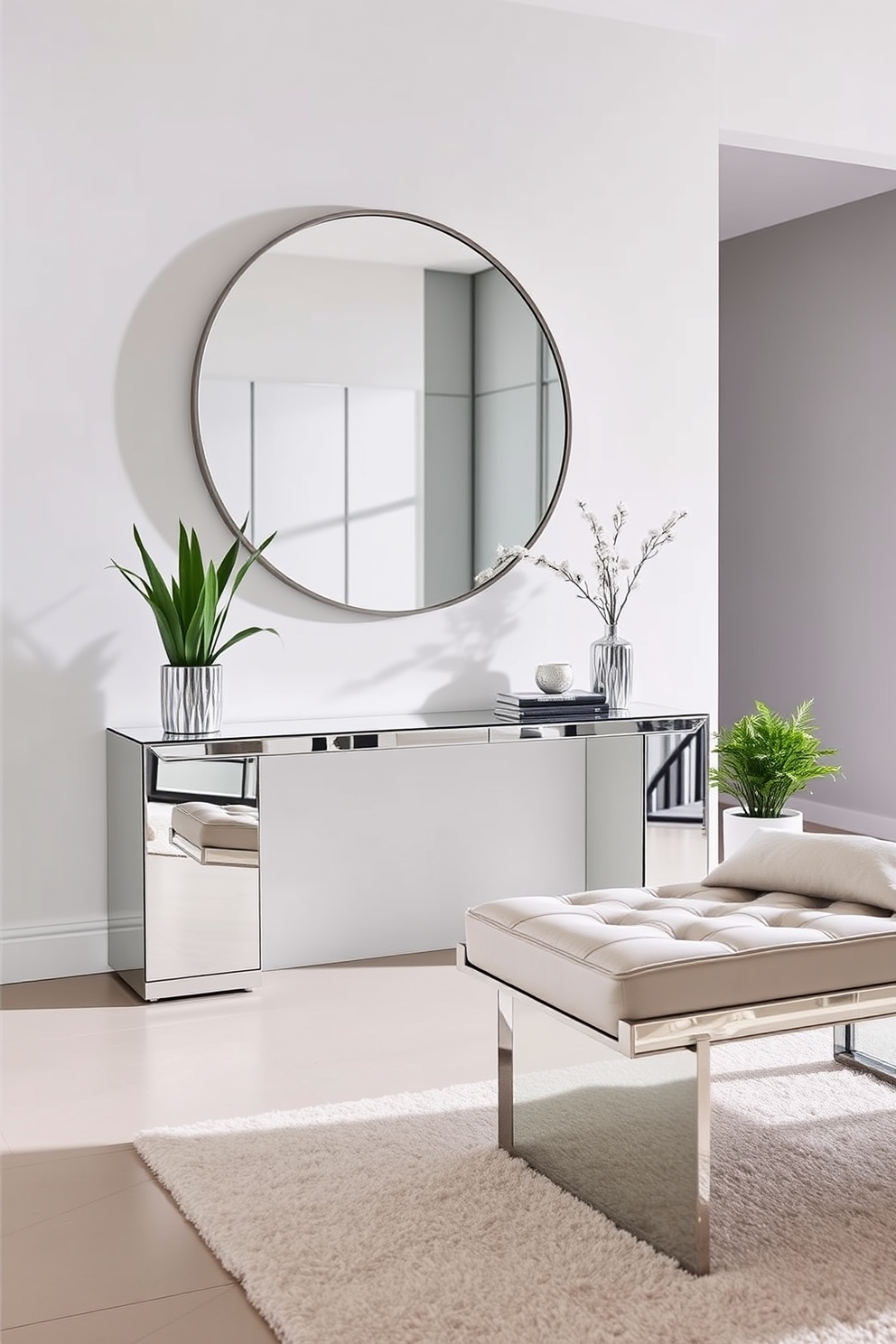 A modern entryway features mirrored furniture that reflects light and creates a spacious atmosphere. The design includes a sleek console table with a mirrored surface and a large round mirror above it, enhancing the sense of openness. The entryway is adorned with minimalist decor, including a stylish bench with mirrored accents and a soft area rug. Potted plants are placed strategically to add a touch of greenery while maintaining the modern aesthetic.