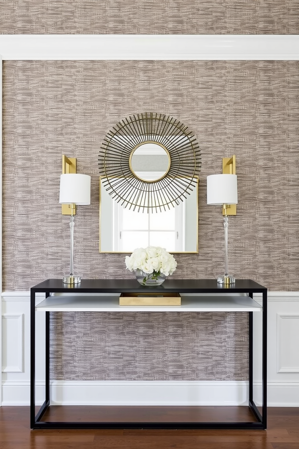 A unique side table crafted from reclaimed wood stands in the center of the room, showcasing an intricate design that draws the eye. Its surface is adorned with a small potted succulent and a stylish coffee table book, adding a touch of personality to the space. The modern entryway features sleek lines and a minimalist aesthetic, with a floating console table against the wall. A statement mirror with an asymmetrical shape reflects natural light, enhancing the inviting atmosphere of the entryway.